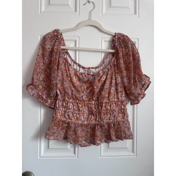 Tops - Retro floral print orange crop top XL